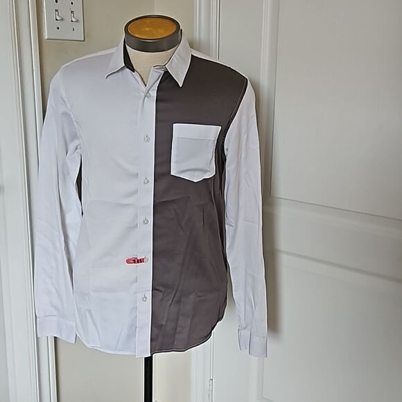 Guess Men's Two-Tone Slim Fit Button Down Long Sleeves Shirt Medium White/ Gray - Picture 7 of 16